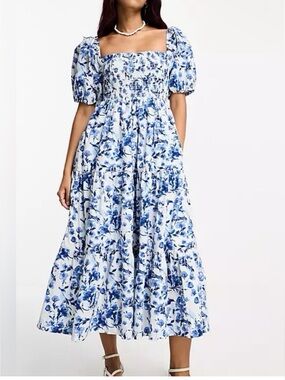 Abercrombie & Fitch Blue Floral Smocked Puff Sleeve Midi Dress Small S